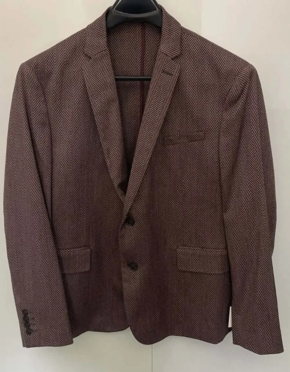 JF Ferrar Mens Sport Coat Jacket Suit Size L 42/44 Slim Fit Burgundy Check Knit